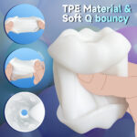 Illustration of a large white tooth being held by a peach-colored hand, with circular insets showing a soft, stretchy TPE-like material and a bold title reading 'TPE Material & Soft Q bouncy'