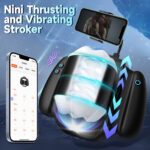 Thrusting and vibrating male stroker device with a smartphone app showing controls and settings, against a futuristic backdrop.