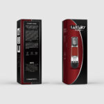 Two product boxes for a 'Luxury Pump' device, one showing the front with a red/black design and a device image, the other showing the back with text and specs (informational image).