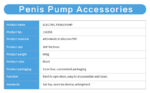 Electric Penis Pump accessories: spec sheet with model 110258, materials ABS/medical silicone/TPE, size 308×84.5mm, 684g, black, packaging details.