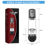 Promotional image of a penis pump kit: a clear pump with black base and digital controller, shown beside its red-and-black packaging; measurements indicate overall height 220 mm, base width 83 mm, and top section 95 mm.