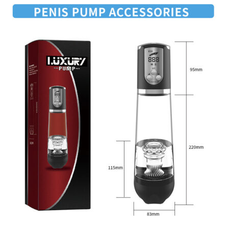 Promotional image of a penis pump kit: a clear pump with black base and digital controller, shown beside its red-and-black packaging; measurements indicate overall height 220 mm, base width 83 mm, and top section 95 mm.