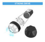 Transparent sleeve sex toy with rotating inner components and a black end cap beneath a 'Strong Drive' banner.