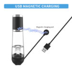 USB magnetic charging setup: a tall glass-tube device connected by a USB cable to a magnetic charging port labeled in the image.