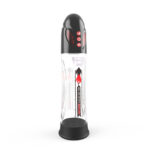 Clear penis pump with black cap and red control buttons, standing on a black base.