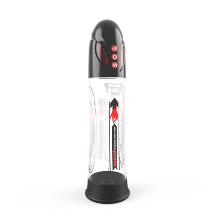 Clear penis pump with black cap and red control buttons, standing on a black base.