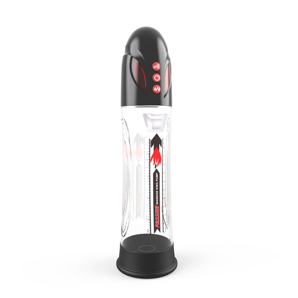 Clear penis pump with black cap and red control buttons, standing on a black base.