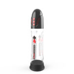 Clear cylindrical sex toy with black cap and base, red control buttons, and a visible inner sleeve.