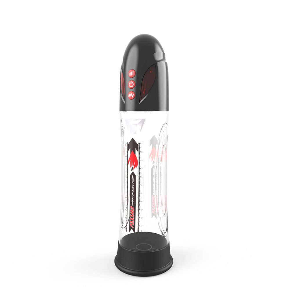 Clear cylindrical sex toy with black cap and base, red control buttons, and a visible inner sleeve.
