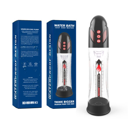 Blue packaging and a transparent cylindrical male pump with black cap, labeled Water Bath and Think Bigger (passion pump for men).