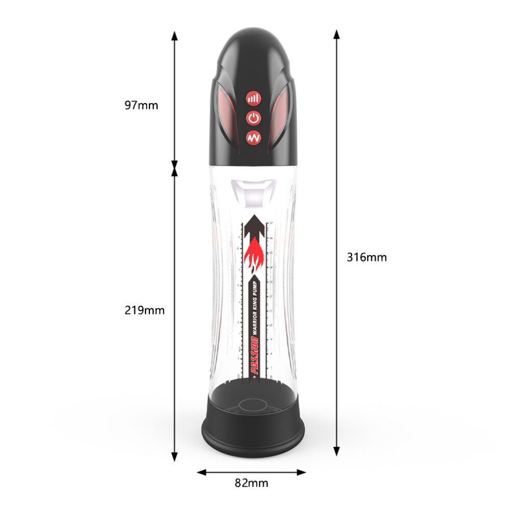 Technical diagram of a clear cylindrical device with black top and red control buttons; shows measurements: overall height 316 mm, base diameter 82 mm, internal height 219 mm and top section 97 mm.