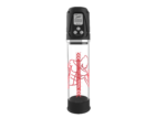 Medical device with a digital display and three control buttons mounted on a black top, attached to a transparent bottle showing a red vascular diagram against a black background.