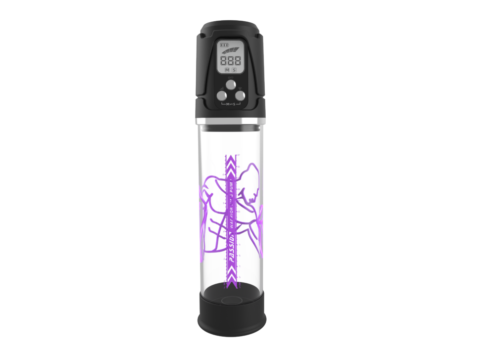 Electronic control device with a digital display and three buttons mounted on top of a clear bottle with purple artwork.