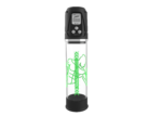 Insulin pump with digital display and control buttons mounted on a clear reservoir with green markings, against a black background.