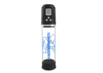 Electronic inhaler with a digital display mounted on a clear spacer bottle and black top, showing control buttons and a numerical readout.