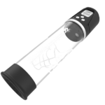 Clear reusable water bottle with a black cap and built-in digital display on the lid.