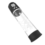 Clear plastic penis pump with black top and base, featuring a digital pressure gauge and control buttons for erectile therapy.