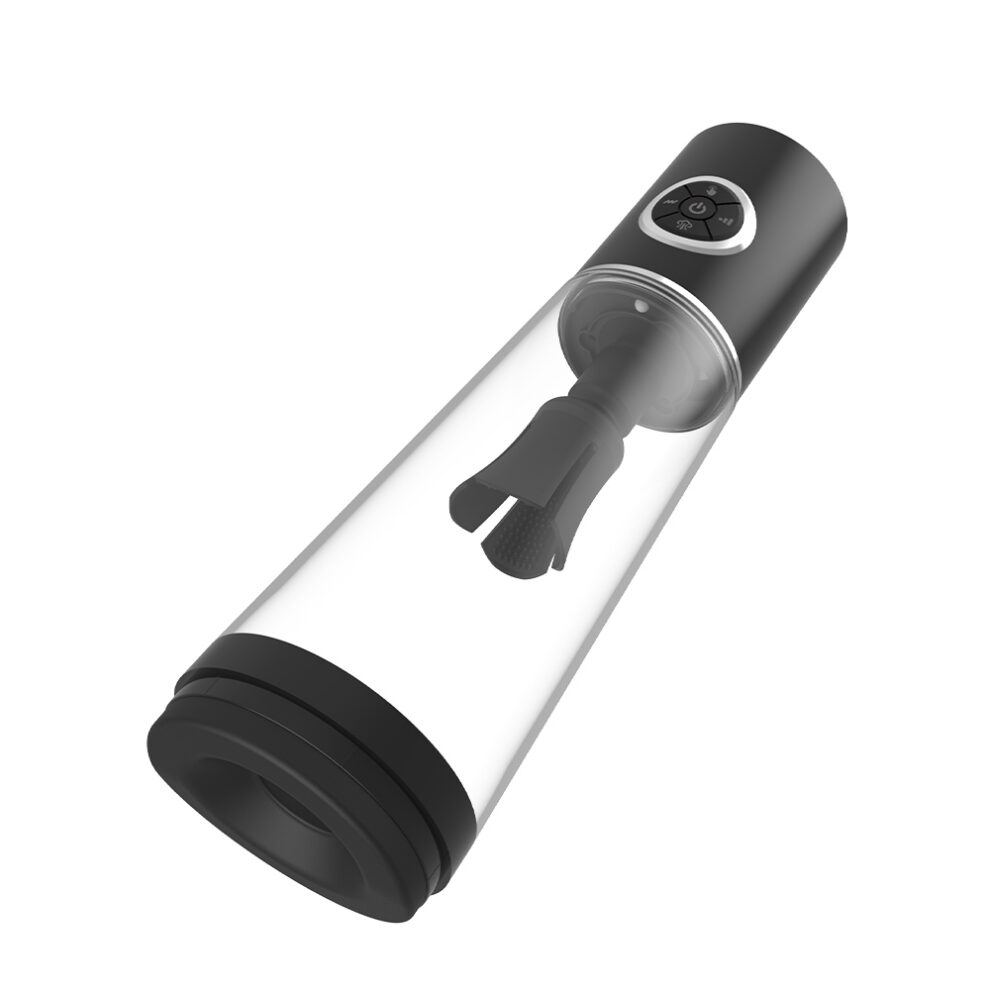Portable handheld blender with a clear bottle and black cap, blades visible inside the container.