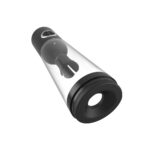 Transparent shaker bottle with a black screw-on lid and built-in mixer inside the clear body