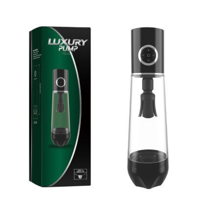 Box with 'Luxury Pump' branding in green and black beside a clear bottle pump device display.