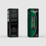 Two Luxury Pump product boxes side by side: left shows back panel with text, right displays the green-and-black packaging with the pump device image.