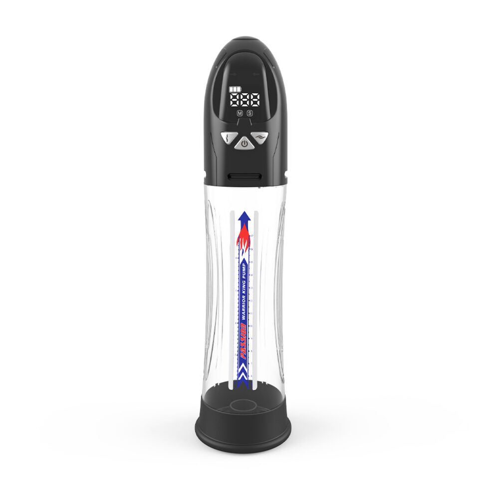 Clear cylindrical penis pump with black base and top, digital display, control buttons, and measurement scale inside the chamber