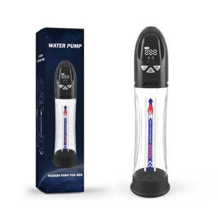 Penile pump device with digital control panel beside its navy packaging labeled 'Water Pump' and 'Passion Pump for Men'.
