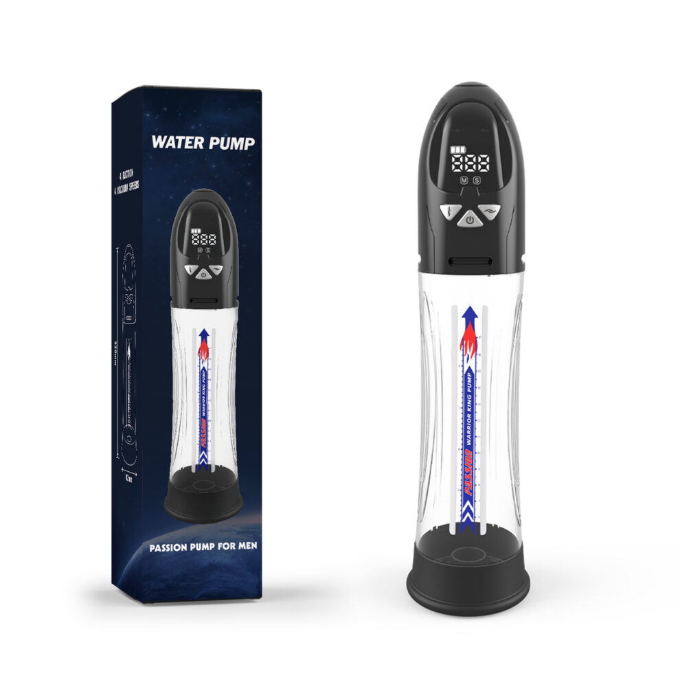 Penile pump device with digital control panel beside its navy packaging labeled 'Water Pump' and 'Passion Pump for Men'.