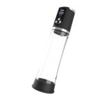 Electric smart water bottle with a digital control panel on the black top, transparent body, and black base.
