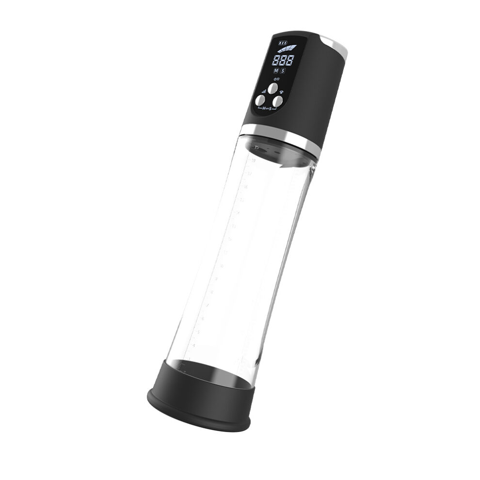 Electric smart water bottle with a digital control panel on the black top, transparent body, and black base.