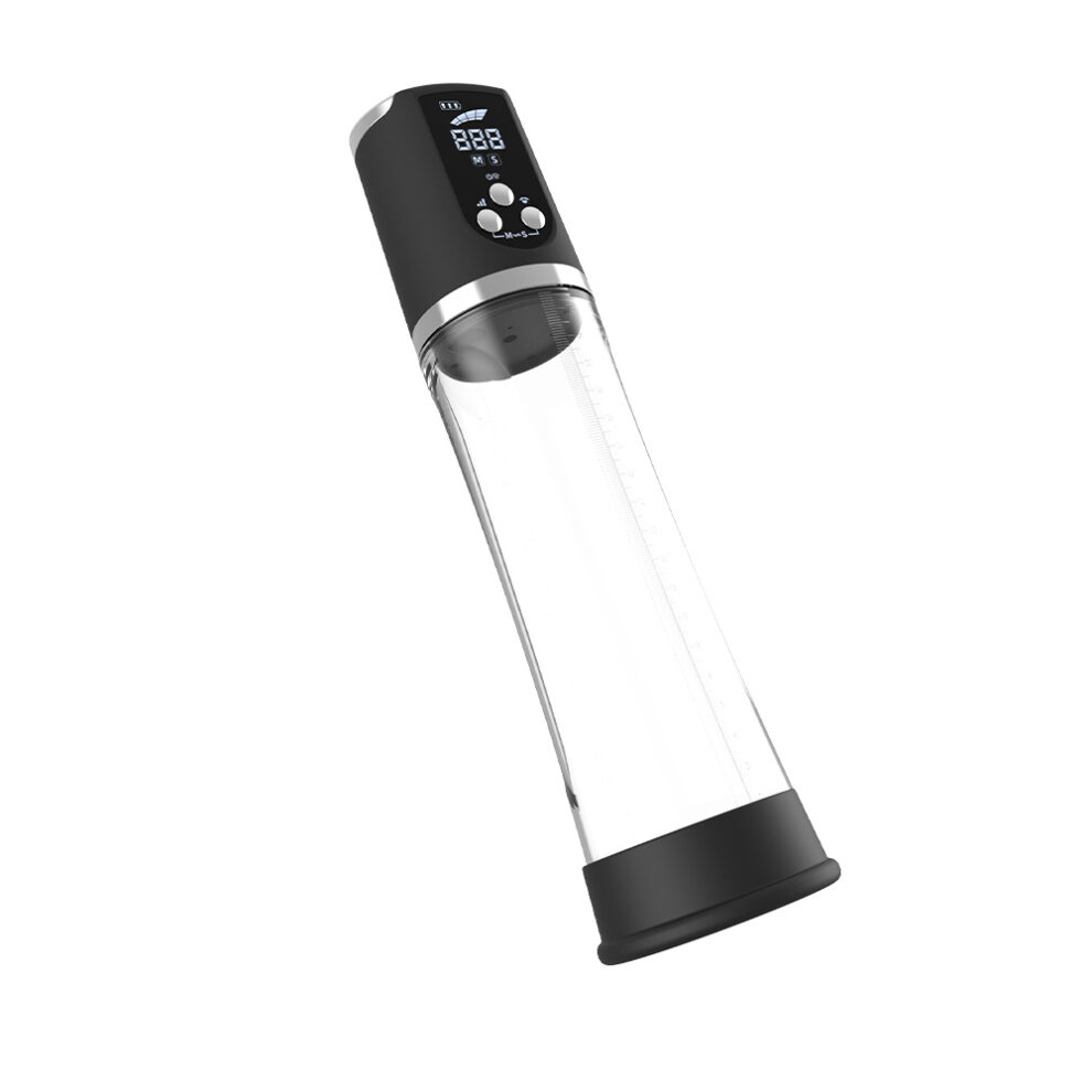 Electronic handheld air pump with a transparent cylinder and digital control panel at the top, black and silver accents, angled orientation.