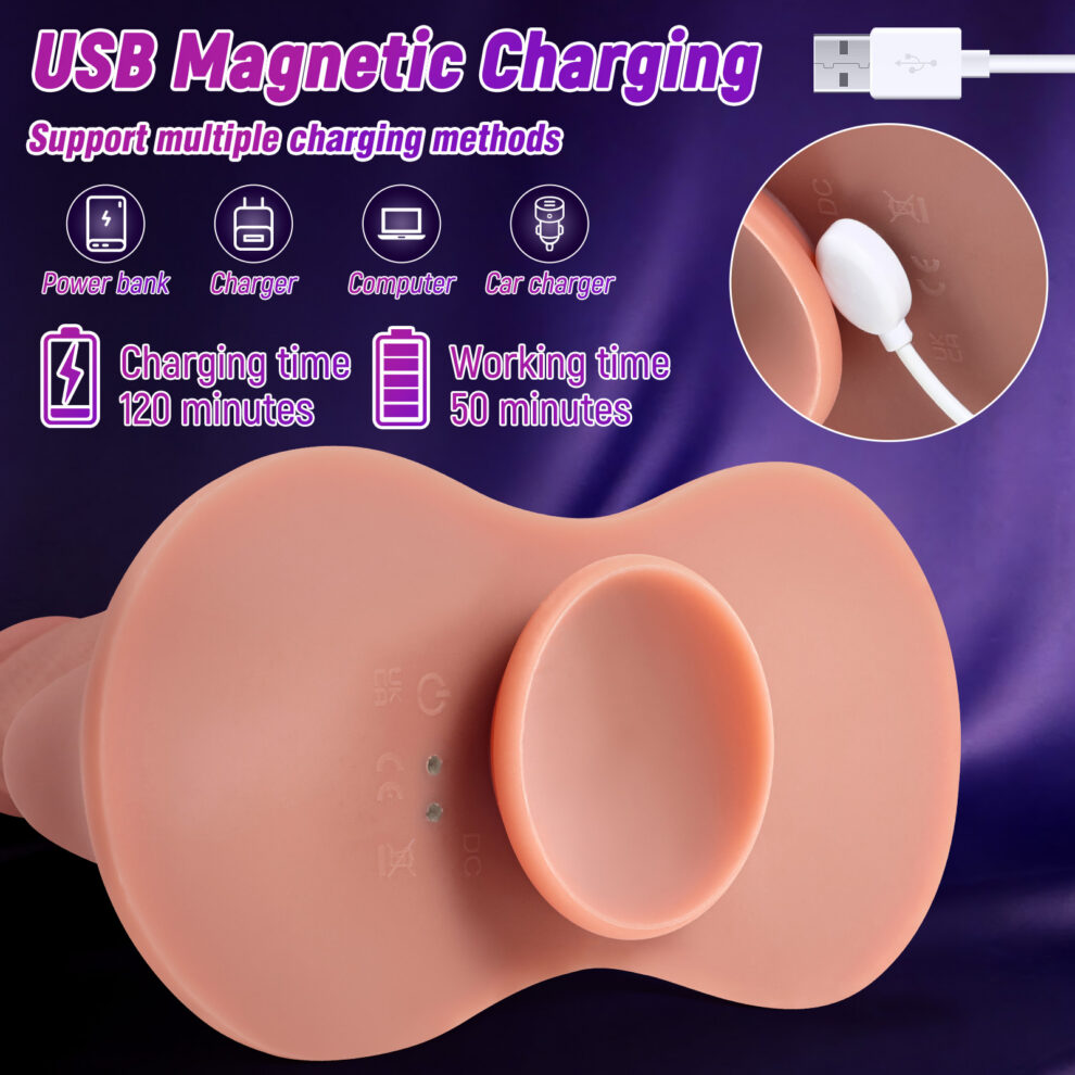 Infographic about USB magnetic charging for a sex toy, listing multiple charging methods (power bank, charger, computer, car charger) and battery times.