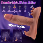 Promotional image of a realistic dildo on a purple background with a dotted feature line and branding text, illustrating an all-day riding product.