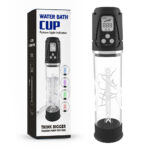 Product image of a clear cylindrical sex pump with a black control unit, shown beside its packaging; branding reads Water Bath Cup and Think Bigger for men (male enhancement pump).
