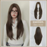 Young woman with long straight brown hair and glasses wearing a light gray zip-up sweater; hair is the focal feature. On the right, a brown-toned wig shown from two angles with Chinese text indicating color and length (76 cm).