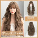Woman wearing a long, wavy light brown wig; collage includes front view and back view with Chinese sale banners.