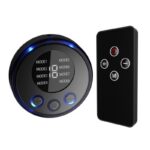 Circular digital control with blue LED ring, showing mode options and plus/minus buttons; a black remote with power, plus, minus, and M buttons nearby.