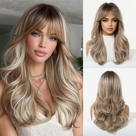 Collage of a woman with long blonde balayage hair and soft waves, wearing a white ribbed top and gold jewelry; front-facing close-up and side/back views show detailed hair styling.
