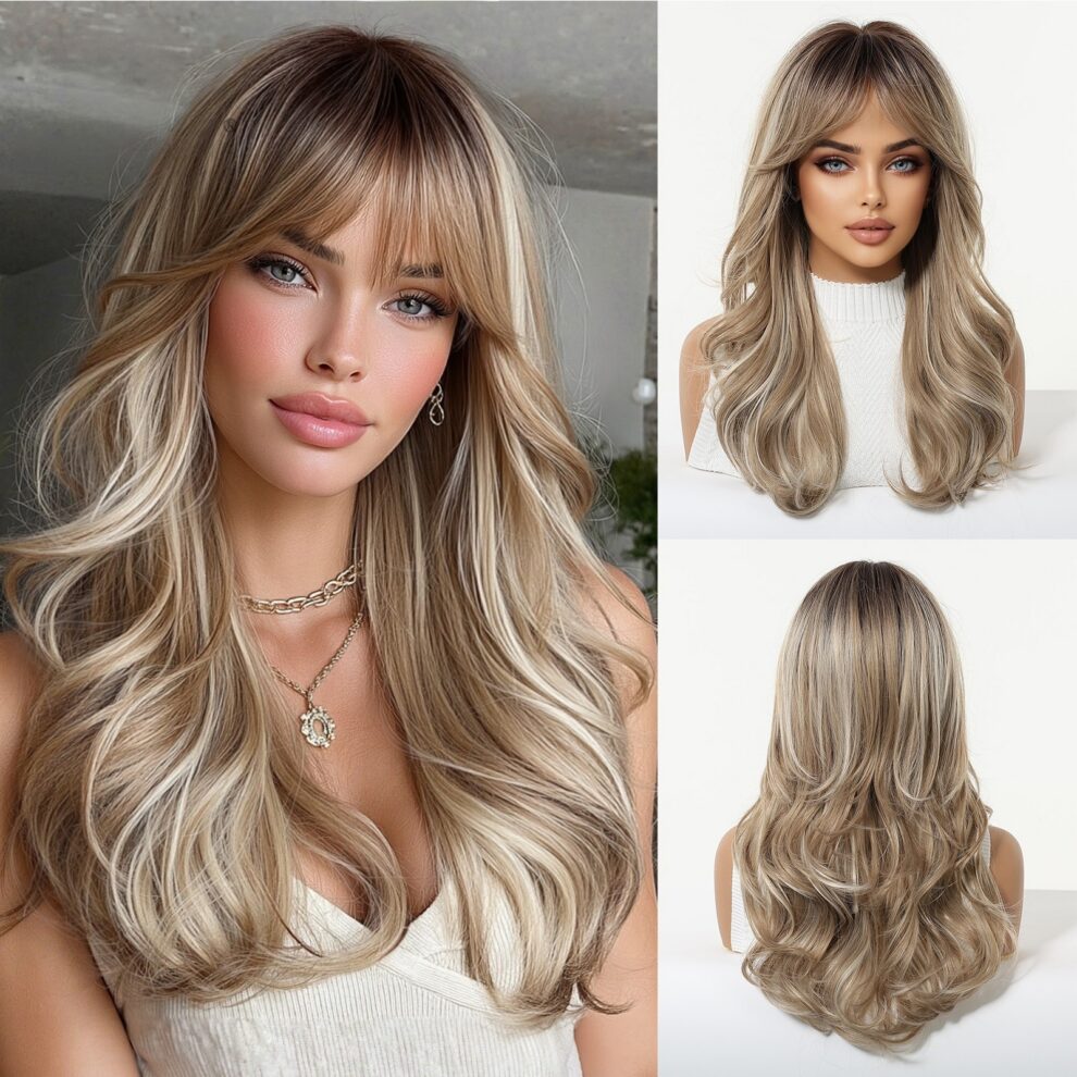 Collage of a woman with long blonde balayage hair and soft waves, wearing a white ribbed top and gold jewelry; front-facing close-up and side/back views show detailed hair styling.