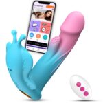Blue silicone vibrator with a curved shape, shown alongside a smartphone displaying a connected app interface and a small white remote with pink buttons.