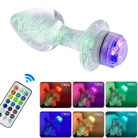 Translucent glass LED light with a purple end cap and a remote control showing six color options.