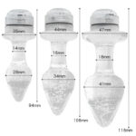 Three decorative glass finials with overlaid measurement lines showing total heights (left 94mm, middle 108mm, right 118mm) and major diameters.