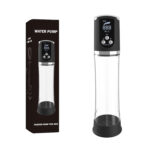 Water pump device for men with a digital control panel beside its black packaging box labeled 'WATER PUMP'. The transparent cylinder sits below the control unit.