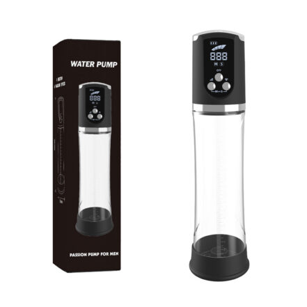 Water pump device for men with a digital control panel beside its black packaging box labeled 'WATER PUMP'. The transparent cylinder sits below the control unit.
