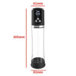 Tall transparent cylindrical device with a black control panel top and black base; overlaid dimensions show height 305mm, top width 61mm, and bottom diameter 82mm.