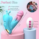 Colorful product illustration showing a pink vibrator with dimensions, a blue attachment, and a remote labeled flapping and vibrating beside a 'Perfect Size' headline.