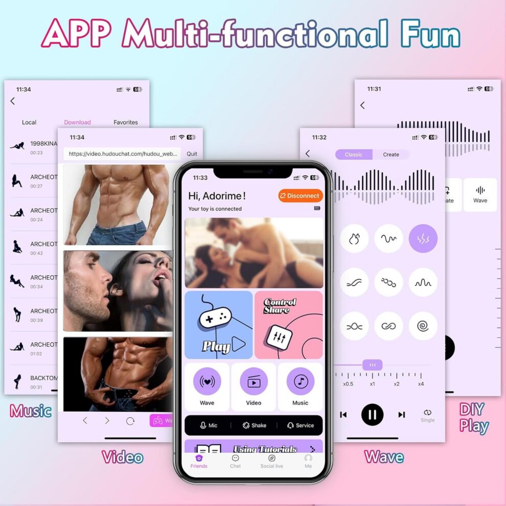 Collage of a mobile app concept titled 'APP Multi-functional Fun' showing screens for Video, Music, Wave, and DIY Play; center smartphone displays a purple UI.