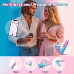 Advertisement for a multifunctional wearable vibrator: a couple with a phone control app and an illustrated diagram of the vibrator's uses labeled nipple, clit, G-spot, and anal.