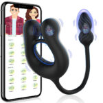 Black silicone wearable vibrator with two end bulbs and a curved ring, shown alongside a smartphone app displaying vibration modes.