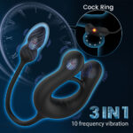 3-in-1 sex toy with a ring and connected wand, highlighting 10 vibration modes and a close-up inset of the cock ring function.